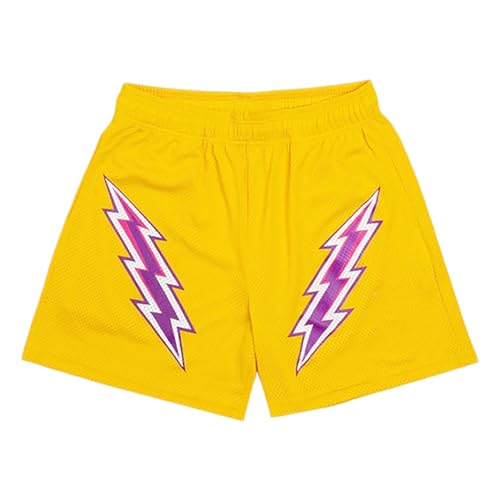 DIOTSR Mens Retro Graphic Shorts Athletic Running Basketball Shorts Casual Streetwear Shorts with Pockets Drawstring (Yellow-Purple Lightning,Medium)