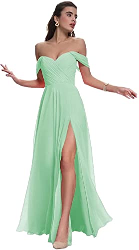 N/ C Vestidos de dama de honor para mujer, con hombros descubiertos, de gasa, vestidos formales para invitados de boda, verde menta, 40