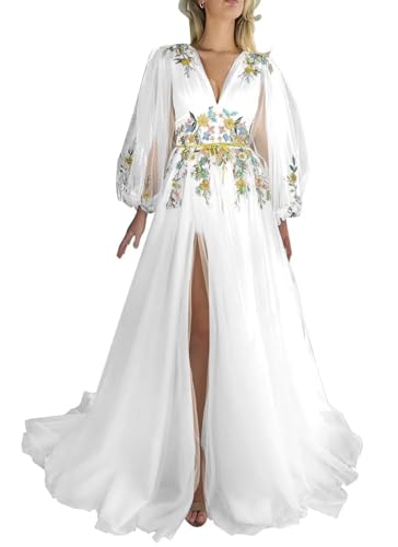 Tulle Puffy Sleeve Prom Dresses Flower Embroidery Formal Gowns Long Sleeves V Neck Evening Party Gown with Slit