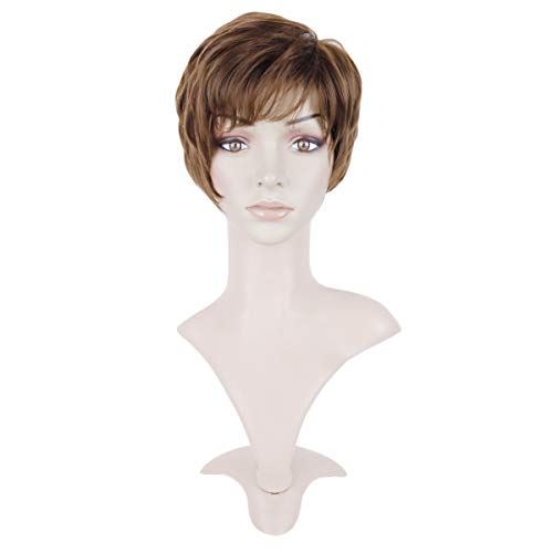 Creamily Women Auburn Brown Short Layered Wig with Bangs Pixie Cut Synthetic Full Replacement Hair Heat Resistant Cosplay Costume Party Wigs with Cap