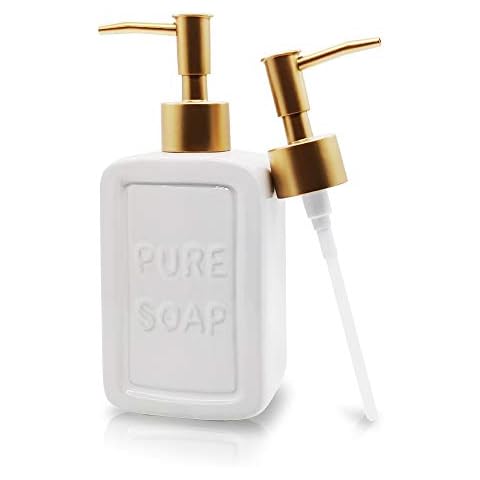 Decorative Soap Dispenser White Ceramic Lotion Bottle with Embossed Letters Noble Golden Matte Pump Cover