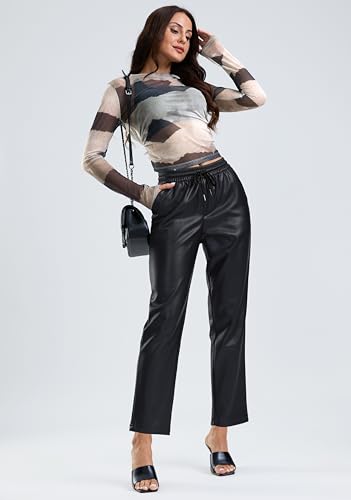 SANTINY Women's Faux Leather Pants High Waisted Straight Leg Cropped Ankle Trousers Vegan Matte Pleather Pants for Women3