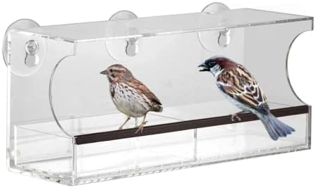Ibby’s Products - Weatherproof Outdoor Deluxe Clear Window Bird Feeder - Includes Suction Cups, Metal Hooks - Removable Seed Tray, Drain Holes, Rubber Perch - for Garden, Backyard