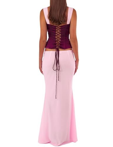 Women’s 2 Piece Skirts Sets Sweetheart Ruched Criss-Corss Tie Up Crop Top and Maxi Skirts Streetwear Two Piece Sets Outfits3