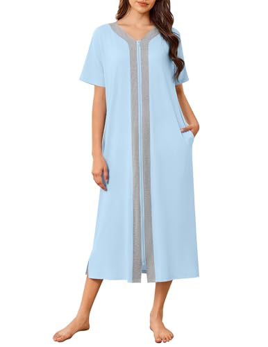 Image of Ekouaer Women Zipper Robe Lightweight House Coat Zipper Front Long Nightgown Soft Loungewear with Pockets S-3XL