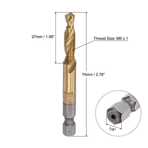Uxcell Combination Drill And Tap Bit, 1/4" Hex Shank M6 X 1 Metric Titanium Coated High Speed Steel 4341 Spiral Flute Drilling Tapping Tool Extra Long #TOP1