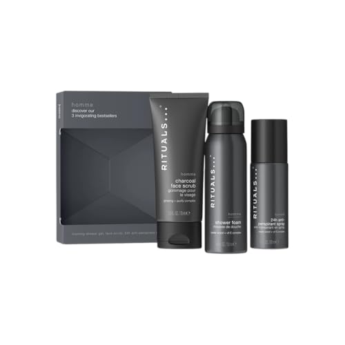 Set de regalo Rituals Homme, espuma de ducha 50 ml, spray antitranspirante 50 ml, exfoliante facial de carbón 70 ml, complejo de madera de cedro y vitamina E, 3 piezas