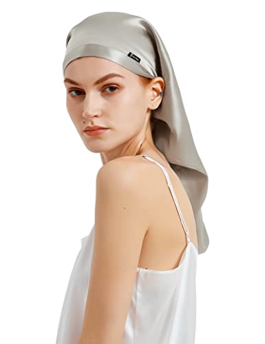 LilySilk Mulberry Silk Sleep Cap 100% 19 Momme Long Silk Bonnet for Curly Hair Night Cap for Sleeping Silk Hair Wrap for Women Silvergray
