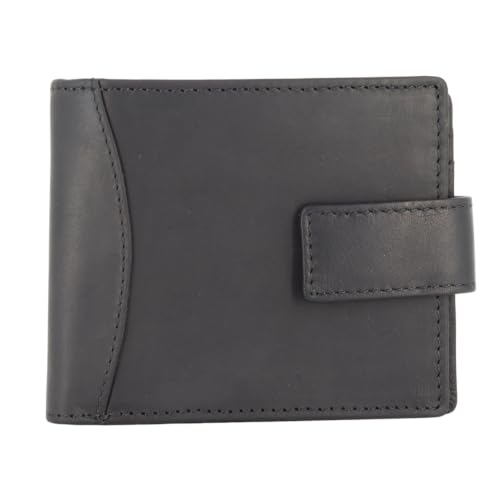 Image of ph PRIMEHIDE Genuine Leather Tab Trifold Wallet for Men with RFID Protection, 6 Card Slots, ID Window, Buttoned Coin Pocket & Note Compartment, Wallet for Business, Travel & Everyday Use (Black)
