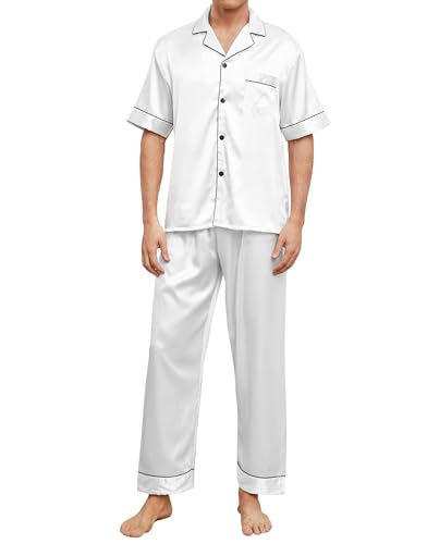 Catálogo para Comprar On-line Pijamas de una pieza para Hombre los preferidos por los clientes. 41 Garqitwan Pijama para Hombre de Dos Piezas, Conjunto de Pijama de Manga Corta para Hombre, Conjunto de Pijama de Satén de Seda con Botones, Ropa de Casual para Dormir Descanso