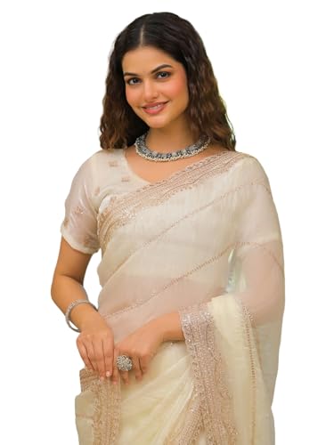 Image of Satrani Women's Shimmer Chiffon Scalloped Border Sequins Embroidery Saree with Unstitched Blouse Piece