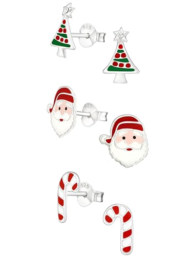 925 Sterling Silver (SET OF 3) Crystals Christmas Tree Santa Claus Candy cane Stud Earrings 28468