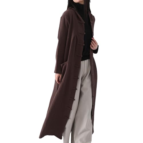 Women's Hooded Robe Coat Cotton Linen Blend Long Jacket Outerwear with Button Closure & Pocket