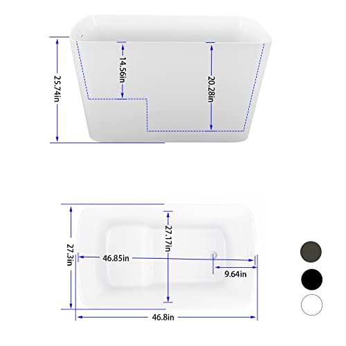 Mokleba 47" Lucite Acrylic Freestanding Bathtub，Square Shape Janpanese Soaking Tub With Seat Desgin,Toe-Tap Chrome Right Drain, Slotted Overflow, Cupc Certified,Glossy White #TOP2