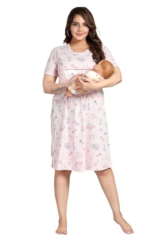 Image of Fabme Women's Above Knee Length Printed Pre and Post Pregnancy Pure Cotton Nursing Nightdress Nighty