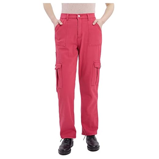 Calça jeans cargo feminina com cintura elástica e perna reta ajuste relaxado utilitário casual jeans calça cargo ao ar livre, Vinho, 10