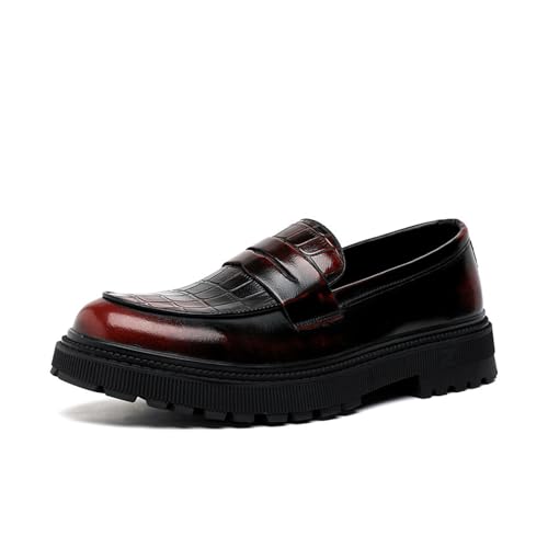 Men's Textured Chunky Platform Penny Loafers Vintage Round Toe Hand Stitched Non-Slip Slip-On Dress Shoes for Business, Work, Wedding