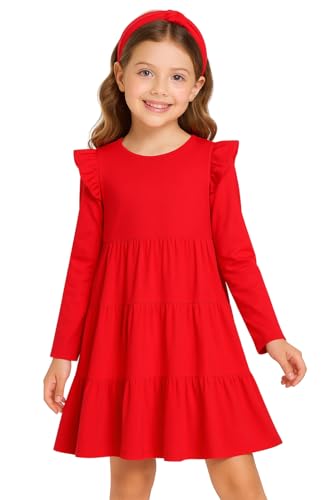 Image of Girl Long Sleeve Dress Ruffle Rainbow Color Block Cotton Casual Tiered Pleated Twirly Dress