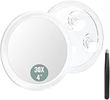 Auxmir 30X Espejo de Maquillaje 10cm con 3 Ventosa, Espejo de Aumento para Pared Baño, Espejo Portátil Redondo para Viaje, Transparente