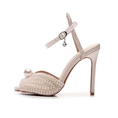 Womens Pearls Wedding Sandals Open Toe Stiletto 4" Heeled Sandals Bridal Pearl High Heels for Evening Party2
