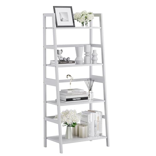 HITNET Ladder Shelf, 4 Tier Bookshelf, Bookcase with Bamboo Frame Freestanding Bathroom Storage Rack Open Shelving Unit for Living Room Bedroom Home Office, White by HITNET - Used condition - CA$86.32