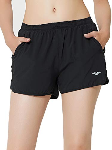 MIER Women's Workout Running Shorts Quick Dry 3 Inches Active Shorts, Zipper Pockets, Stretchy Liner, Black, L