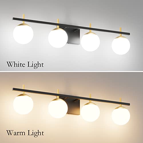 Image of Ralbay Mid Century Modern Vanity Light Fixture 4-Light Milky Glass Modern Bathroom Vanity Lights Over Mirror, Black /Golden Modern Vanity Light for Bathroom Black and Gold 4 Light(Exclude Bulb)
