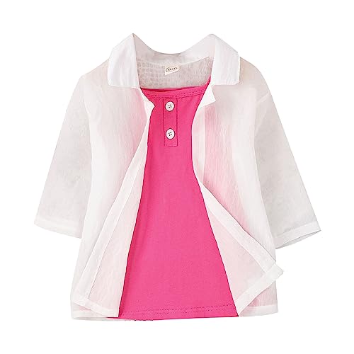 White Seven Point Sleeve Lapel Shirt+Rose Red Sleeveless Vest Girl Fashion Two Suit Children Girl (Red, 3-4 Years)