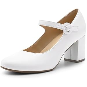 DREAM PAIRS Womens Mary Jane Shoes Chunky Heel 2.76 Inch - Round Toe Vintage Office Work Pumps - Comfortable Low Block Heels Dress Shoes for Women 7 White