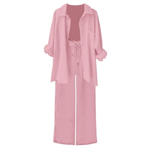 Colorante Para Ropa, Home Conjunto de 2 Piezas para Mujer, Camisa y Pantalones de Manga Larga con Botones, Conjunto Suelto a Juego, Casual, Ropa de Descanso, Color Liso, R-136 Rosa, XL
