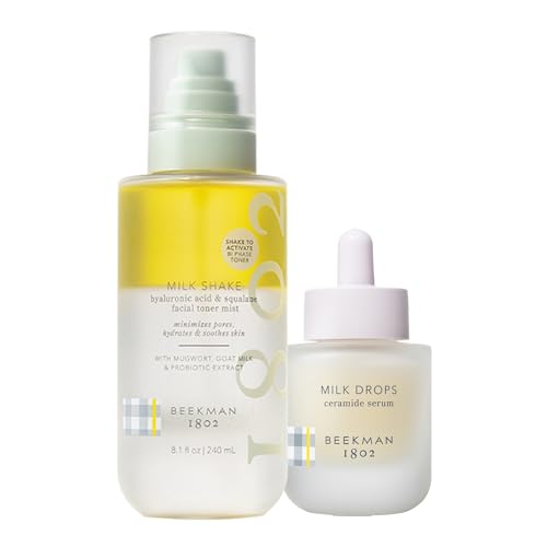 Beekman 1802 Milk Shake Hydrating Toner & Face Mist (8.1 fl oz) + Milk Drops Ceramide Face Serum (0.95 fl oz) - Good for Sensitive Skin - Cruelty Free
