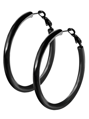 Stylish Thick Hoop Earrings for Women Teen Girls, Black/18K Gold Plated Stainless Steel Earrings, Lightweight Comfy Hoops Hypoallergenic, Size: 30/40/50/60/70/80mm, Come Gift Box