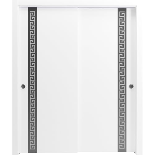 Image of Sartodoors Interior Door 3330 Closet Bypass Doors White with Frosted Glass Solid Wood with Honeycomb core Modern Design 72 x 80 in