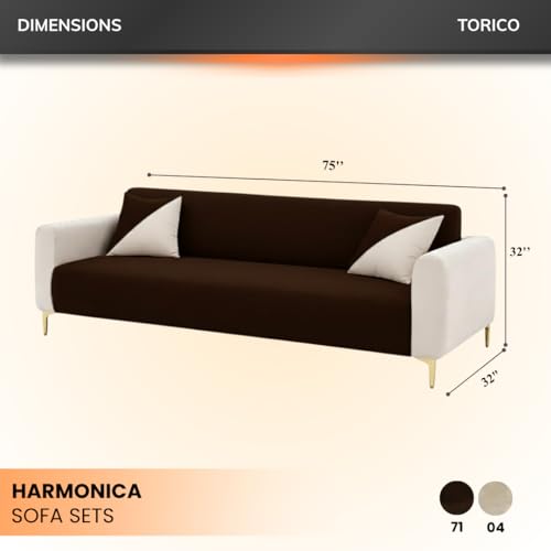Image of Opera 3 Seater Fabric Sofa Set | Soft Velvet Upholstery, Sturdy Wooden Frame | Modern Sofa for Living Room, Hall & Office Spaces (Dark Brown-Cream)
