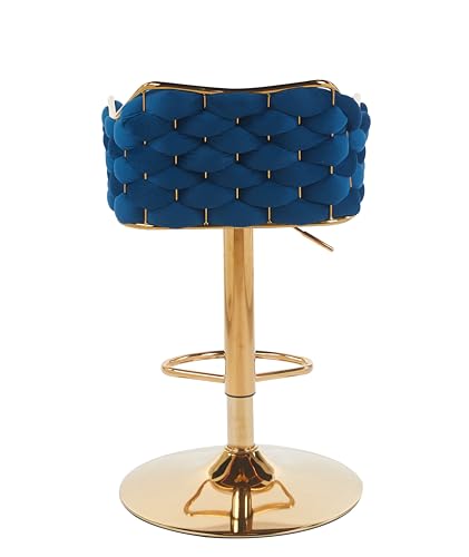 Image of Creative Blue Fabric Upholstered Bar Stool with Golden Plated Base | Modern Counter Height Chair with Padded Seat, Swivel & Footrest (Pack of 1) (Blue)