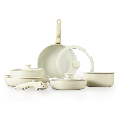 Non-Stick Cookware Set - 11-Piece Includes Frying Pans & Saucepans - Oven-Safe, Dishwasher-Safe, Removable Handle - Induction & Gas Compatible