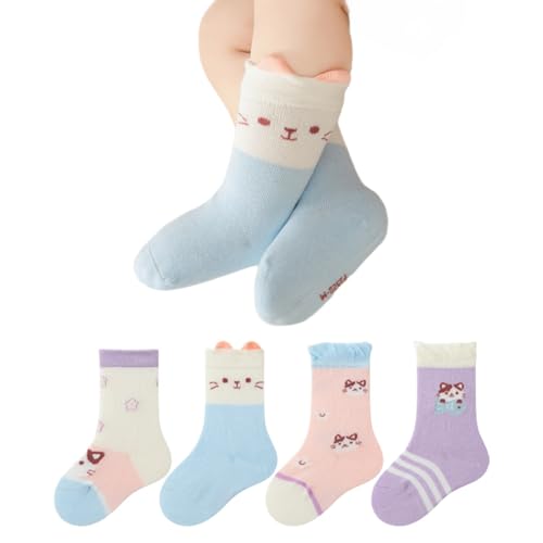4 Pairs Toddler Baby Girl Boy Kids Socks, Cute Cat Animal Soft Cotton Crew Socks, 0~5T