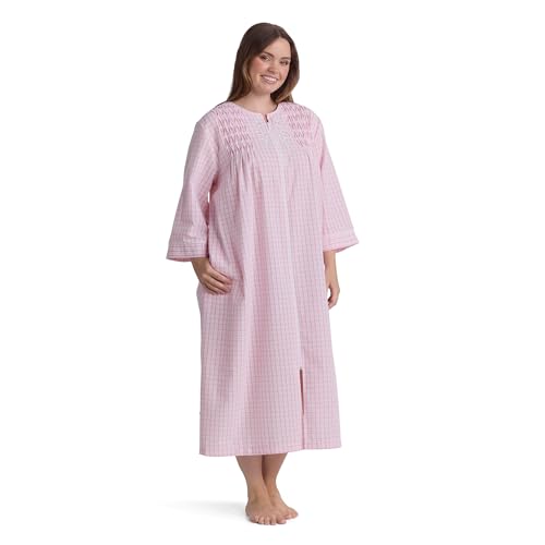 Image of Miss Elaine Long Seersucker Women's Robe, Pockets and Zipper with Front Embroidered Trim, Sleepwear & Loungewear
