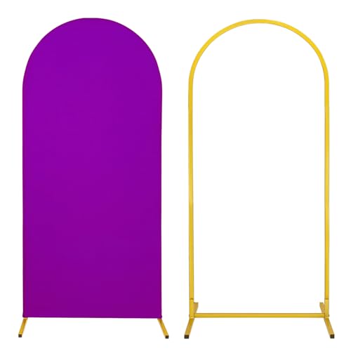 Metal Arch Stand and Cover Set,1 Purple Spandex Fitted Backdrop with 1 Gold Wedding Arched Stand Frame for Parties Birthday Baby Shower Bridal Banquet Decoration (6FT)