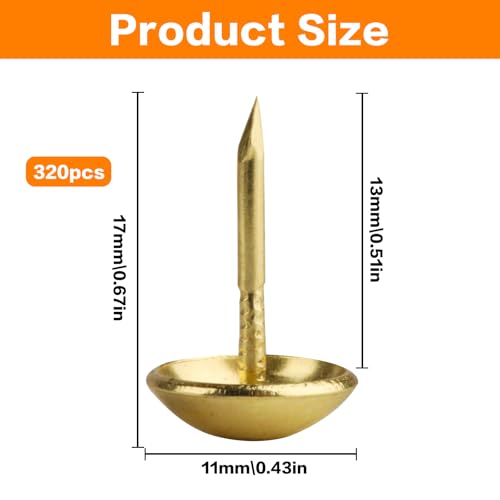 320 Stück Polsternägel, Polster Reißzwecken, Möbel Nägel Vintage für Sessel, Möbel, Bett, Dekornagel - 11x17 mm (Gold)