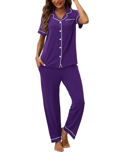 Image of HNG Women Pajamas Set 2 Piece Button Up Pajamas Pant and Short Sleeve Shirt for Woman Pj Sets with Pocket