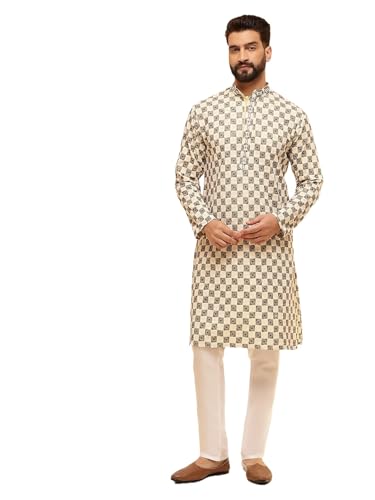 Sojanya (Since 1958 Men'S Cotton Rayon Embroidered Sequinned Kurta With White Pyjama