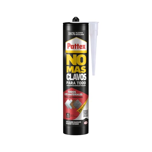 Pattex No Más Clavos Para Todo HighTack, adhesivo de montaje resistente a temperaturas extremas, pegamento fuerte en superficies húmedas, adhesivo blanco, 1 cartucho x 446 g