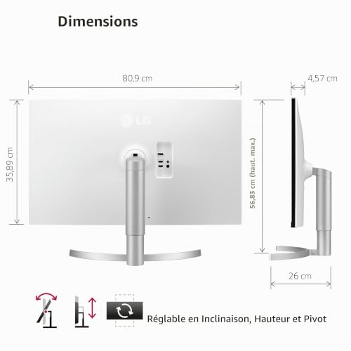 LG Electronics Ultrafine™ 27UP85NP-W Ecran PC 27' - Dalle IPS résolution UHD 4K (3840x2160), 5ms 60Hz, DisplayHDR™400, DCI-P3 95%, Pied réglable, USB-C (90W), Haut-parleurs, étalonnage des Couleurs