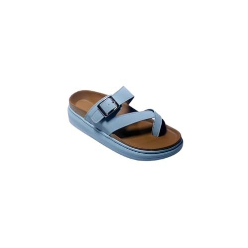 Image of Womens Comfort Buckle Sandals Slip-On Flat Casual Slides with Double Strap & Soft Footbed | Stylish Summer Footwear for Ladies