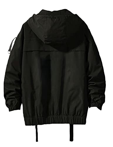 Nutriangee Mens Hip Hop Streetwear Windbreaker Jacket Lightweight Hooded Casual Outdoor Bomber With Ribbons Coat 01 Black Medium #TOP1