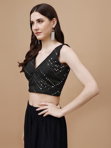 Womanista Synthetic Women's Dupion Embroidered Sleeveless Regular Fit Sleeveless Sleeveless Blouse (Bl_11A_Black Medium)