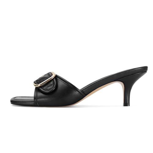 Image of Dsevht Black Kitten Heel Sandals Stiletto Low Heels Slip On Slides Mule Sandal Square Open Toe Dress Shoes for Women