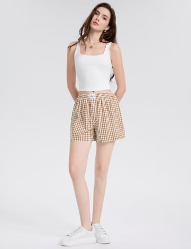 Image of LOMON Boxer Shorts for Women Summer Gingham Pajamas 2026 Lounge Sleep Pj Plaid Shorts Y2K Beach Bottoms with Pockets