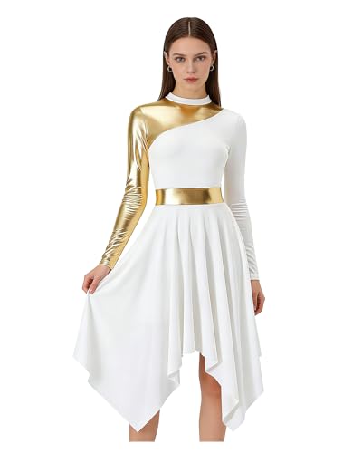 ZHGAOG Womens Praise Dance Dress Long Sleeve Worship Dancewear Church Liturgical Lyrical Costume Metallic Asymmetric Maxi